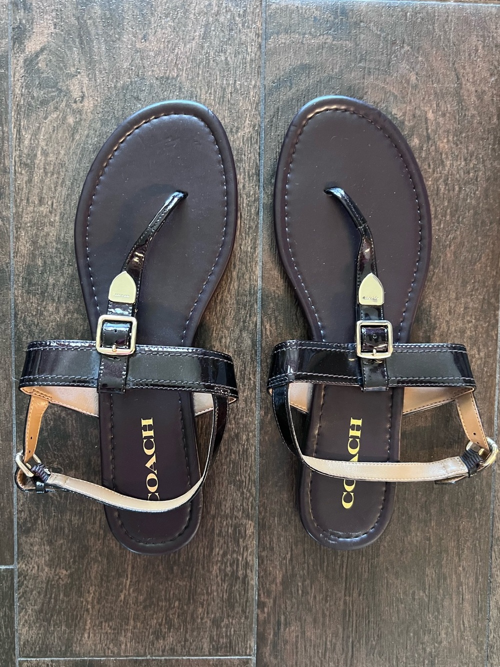 COACH Cassidy Brown Leather T-Strap Sandals with Gold Accents